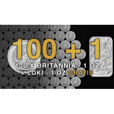 100+1 - 100 Britannia (2026) - 1 Oz - stříbrná investiční mince + LOKI 1 Oz - stříbrný slitek